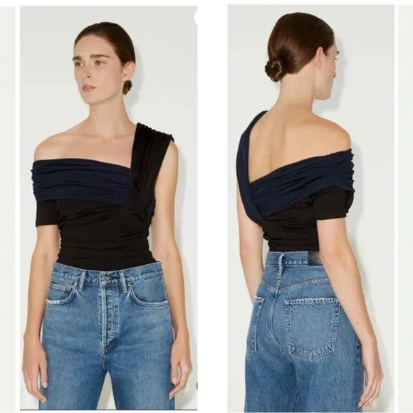 Goldsign Gelsey One-Shoulder Off the Shoulder 2-tone Ribbed Bodysuit Small NEW